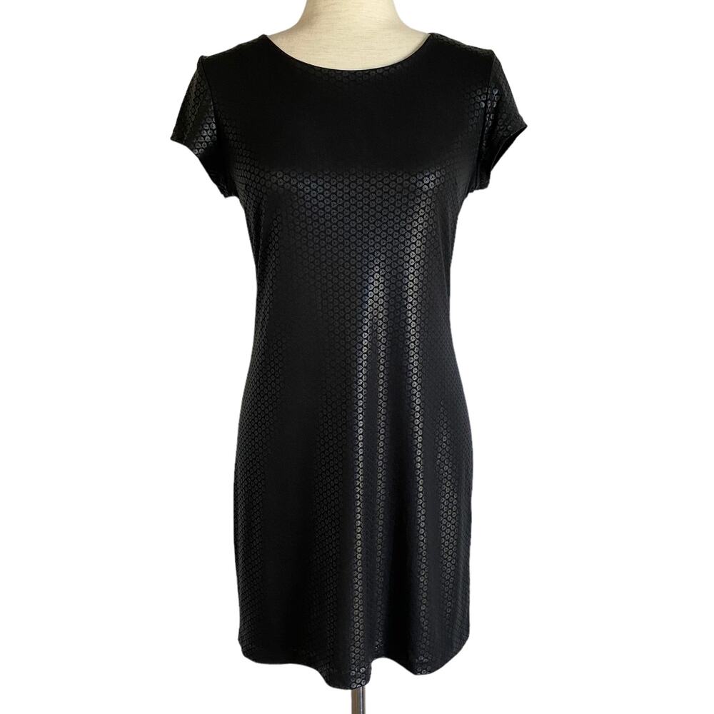 AUW Y2K Faux Leather Mini Dress Black Size Small Sexy Fitted Short Sleeve